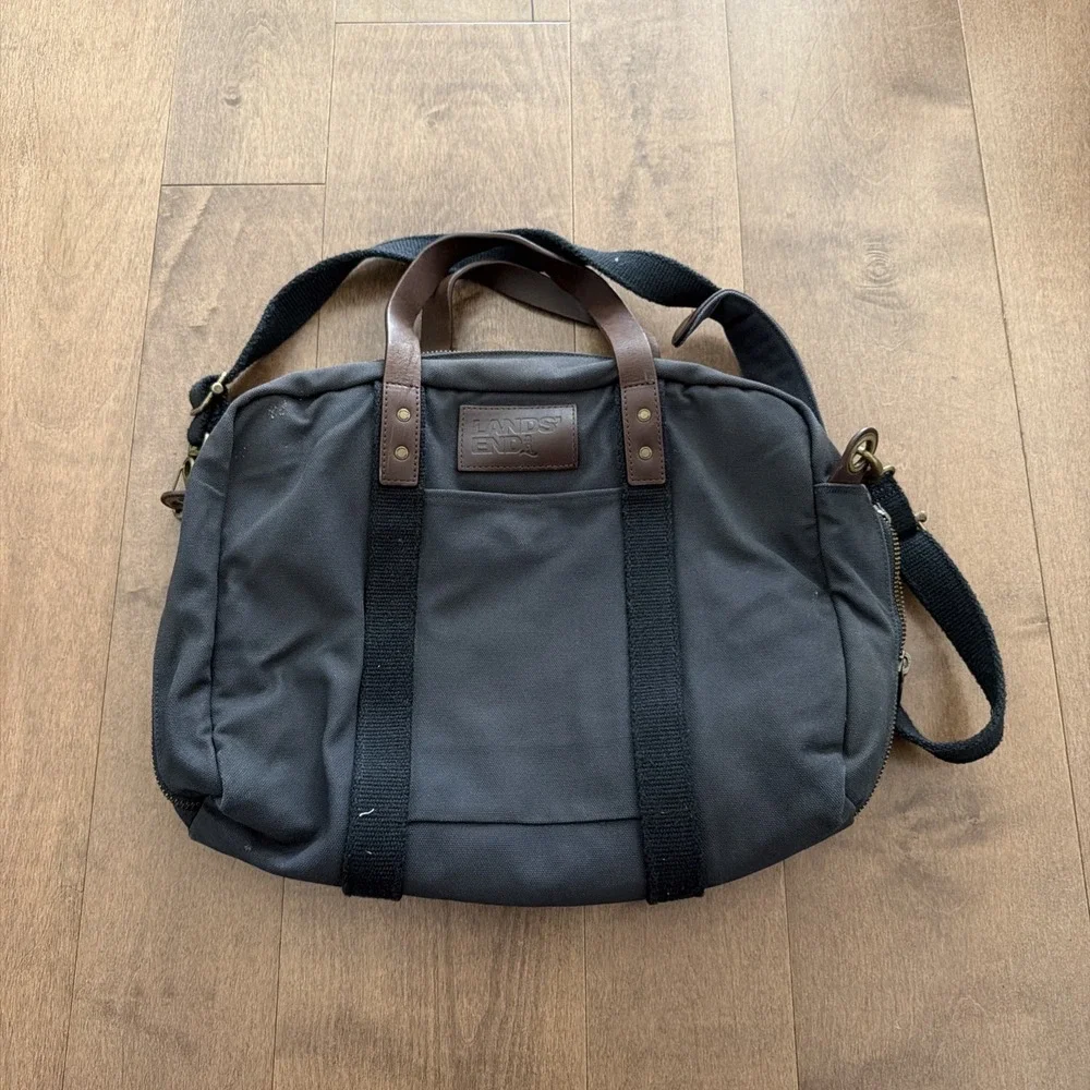 Vintage Lands' End Square Rigger Navy Blue Canvas Leather Briefcase Bag USA